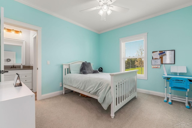 5353 N Graham Rd, Freeland, MI 48623 - bedroom with crown molding, baseboards, light carpet, a sink, and a ceiling fan