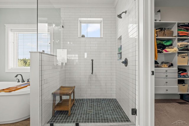 5353 N Graham Rd, Freeland, MI 48623 - full bath featuring crown molding, a shower stall, a freestanding tub, a walk in closet, and plenty of natural light