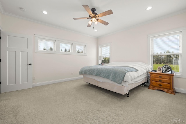 5353 N Graham Rd, Freeland, MI 48623 - bedroom featuring light carpet, ornamental molding, baseboards, recessed lighting, and ceiling fan
