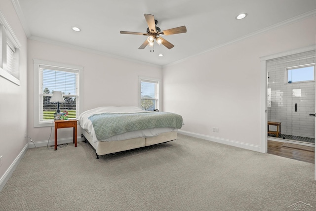 5353 N Graham Rd, Freeland, MI 48623 - carpeted bedroom featuring multiple windows, baseboards, recessed lighting, crown molding, and a ceiling fan