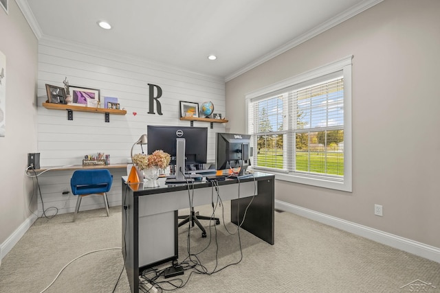 5353 N Graham Rd, Freeland, MI 48623 - office area with ornamental molding, carpet flooring, wood walls, baseboards, and recessed lighting
