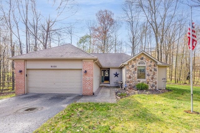 9100 Boggie Dr Unit 159, Canadian Lakes, MI 49346 - ranch-style home with asphalt driveway, a garage, a front yard, roof with shingles, and brick siding