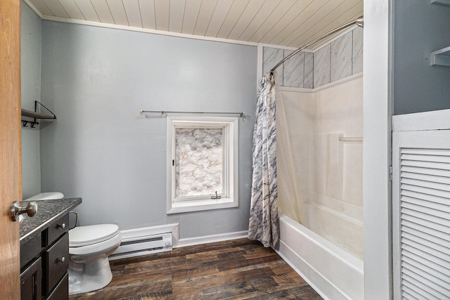601 N Rath Ave, Ludington, MI 49431 - full bathroom featuring a baseboard heating unit, wood ceiling, wood finished floors, toilet, and shower / bathtub combination with curtain