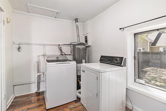 601 N Rath Ave, Ludington, MI 49431 - laundry room with separate washer and dryer, water heater, dark wood-type flooring, and attic access