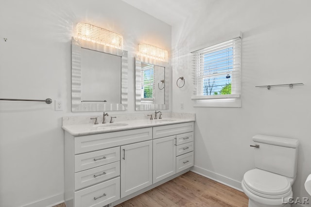 4189 Evergreen Rd, Adrian, MI 49221 - bathroom with baseboards, toilet, wood finished floors, and double vanity
