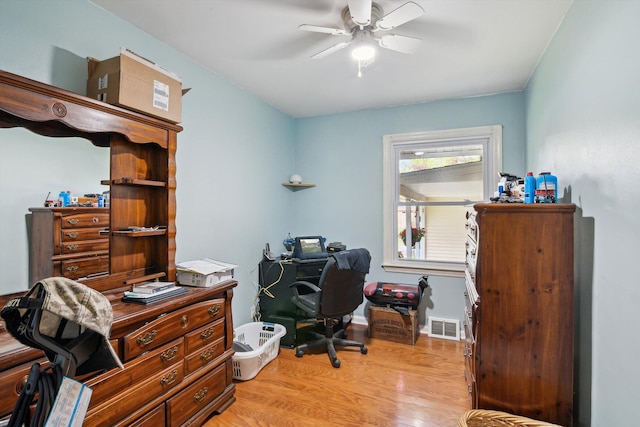 office featuring light wood-style flooring and ceiling fan