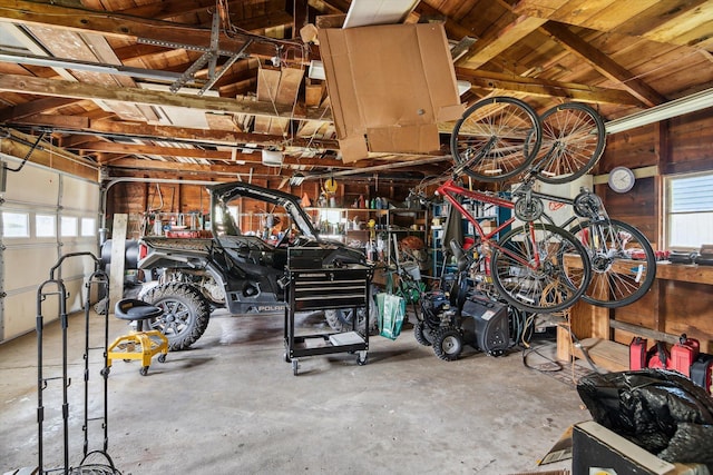 garage with wood walls