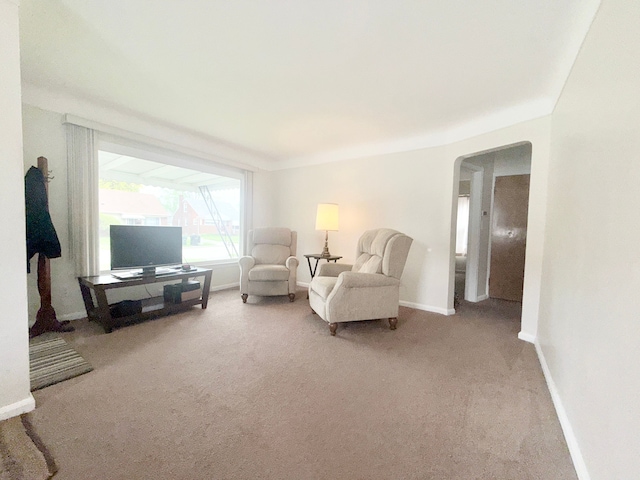living room featuring arched walkways, light colored carpet, and baseboards