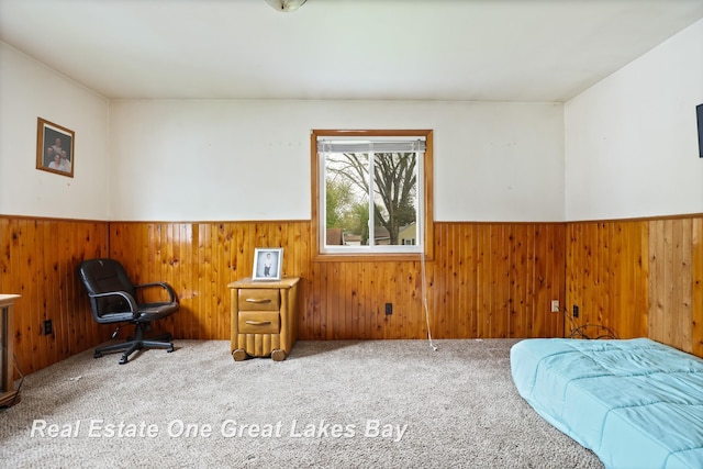2505 Blake St, Saginaw, MI 48602 - bedroom featuring a wainscoted wall, carpet flooring, and wooden walls
