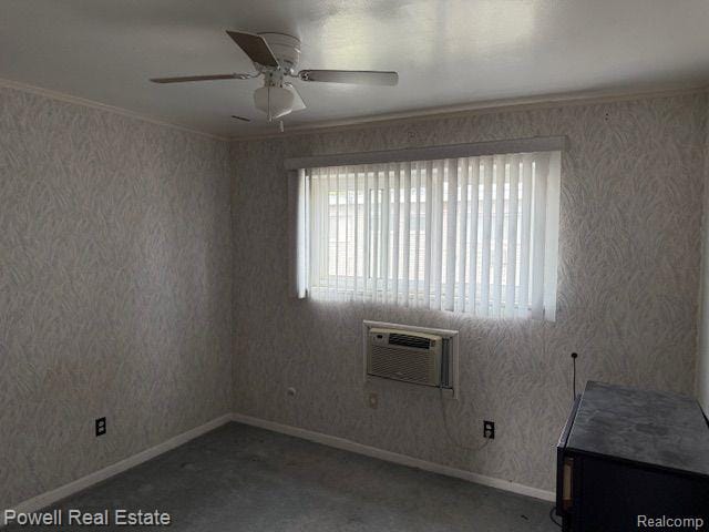 17121 Redford St Unit 212, Detroit, MI 48219 - carpeted empty room with ceiling fan, ornamental molding, baseboards, and a wall mounted AC