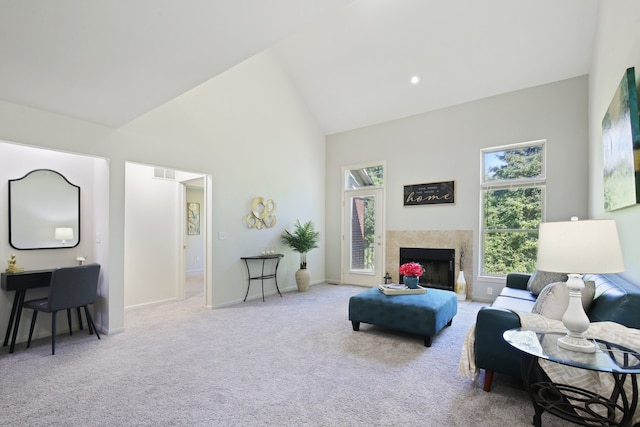 28986 Christopher Ln, Southfield, MI 48034 - carpeted living room featuring high vaulted ceiling, healthy amount of natural light, a fireplace, and baseboards