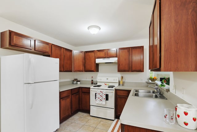 28986 Christopher Ln, Southfield, MI 48034 - kitchen featuring white appliances, under cabinet range hood, a sink, light countertops, and light tile patterned floors