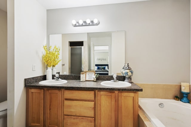 28986 Christopher Ln, Southfield, MI 48034 - bathroom featuring a stall shower, a bath, double vanity, and toilet