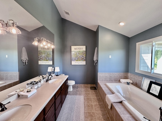 26930 Victory Ct, South Lyon, MI 48178 - full bath with a bath, tile patterned flooring, toilet, double vanity, and vaulted ceiling