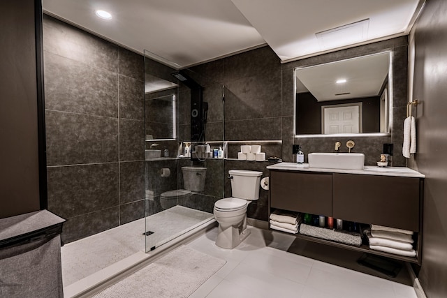 26930 Victory Ct, South Lyon, MI 48178 - bathroom with a walk in shower, toilet, tile walls, tile patterned floors, and vanity