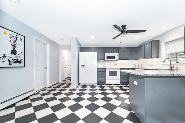 10194 Elmcrest Rd, Whitmore Lake, MI 48189 - kitchen with white appliances, light floors, baseboard heating, gray cabinetry, and a sink