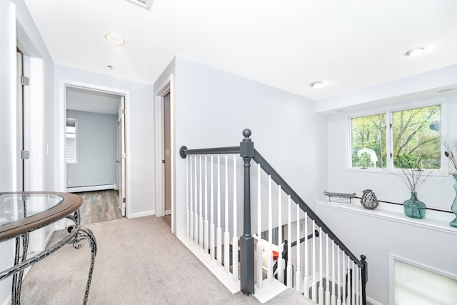 10194 Elmcrest Rd, Whitmore Lake, MI 48189 - corridor featuring an upstairs landing, a baseboard heating unit, carpet, recessed lighting, and baseboards
