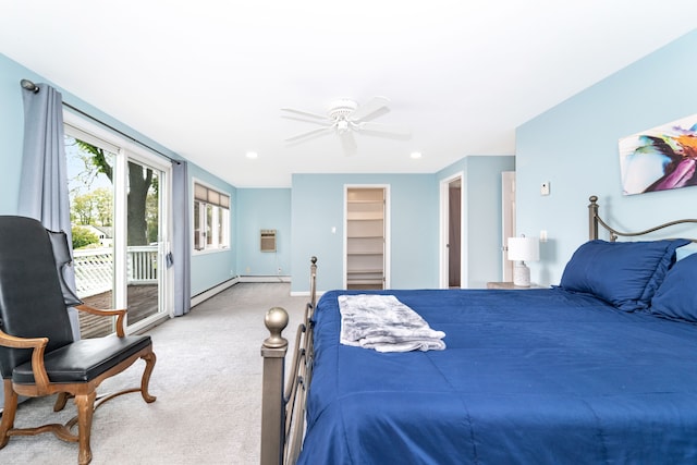 10194 Elmcrest Rd, Whitmore Lake, MI 48189 - carpeted bedroom with access to exterior, a baseboard heating unit, a ceiling fan, baseboards, and a wall unit AC