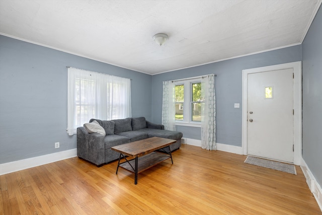 living area with crown molding, light wood-type flooring, and baseboards