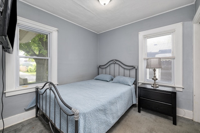 bedroom featuring carpet flooring, multiple windows, ornamental molding, and baseboards