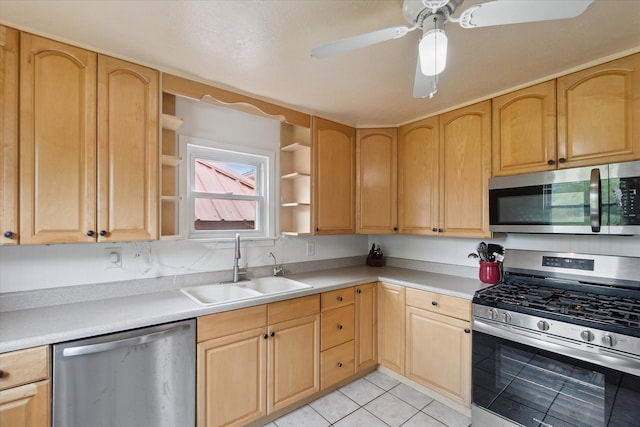 7244 Neff Rd, Mount Morris, MI 48458 - kitchen with stainless steel appliances, open shelves, a sink, light brown cabinets, and light countertops
