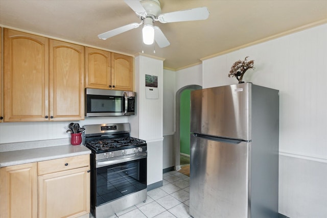 7244 Neff Rd, Mount Morris, MI 48458 - kitchen featuring stainless steel appliances, light brown cabinets, light countertops, light tile patterned floors, and ceiling fan