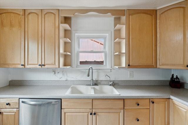 7244 Neff Rd, Mount Morris, MI 48458 - kitchen featuring stainless steel dishwasher, light brown cabinetry, a sink, and open shelves