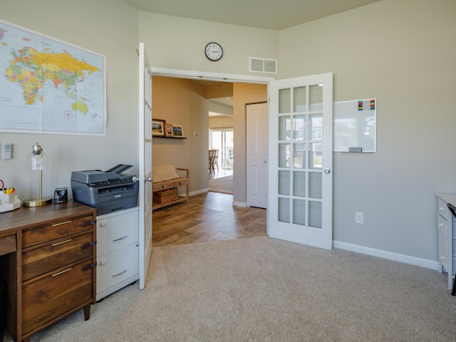 59376 Silvergrass Ave, Mattawan, MI 49071 - home office with light carpet, baseboards, and french doors
