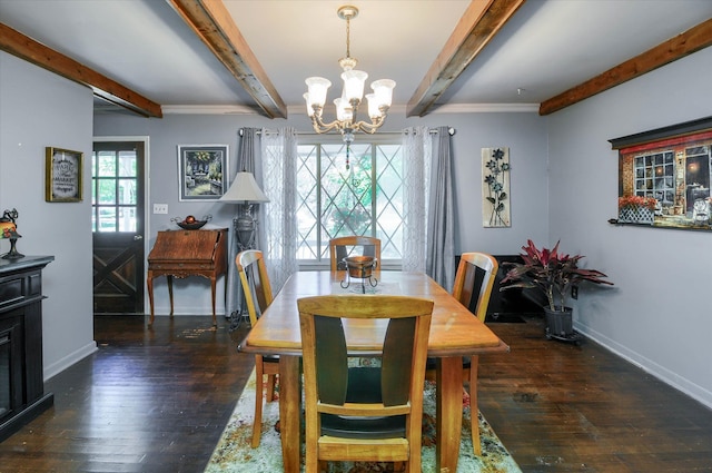 10186 Carlee June Dr, Fenton, MI 48430 - dining area with a chandelier, beam ceiling, hardwood / wood-style flooring, plenty of natural light, and baseboards