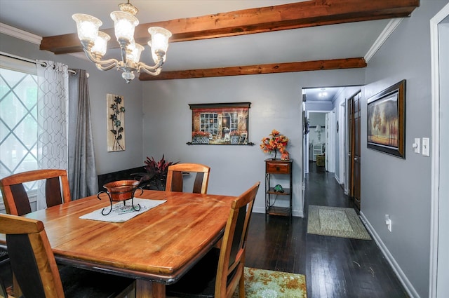 10186 Carlee June Dr, Fenton, MI 48430 - dining space featuring baseboards, dark wood-type flooring, a chandelier, beamed ceiling, and ornamental molding