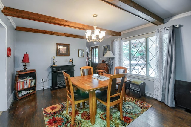 10186 Carlee June Dr, Fenton, MI 48430 - dining room with a chandelier, beam ceiling, hardwood / wood-style floors, baseboards, and ornamental molding