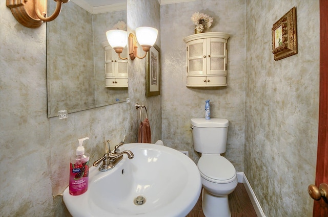10186 Carlee June Dr, Fenton, MI 48430 - bathroom with a sink, toilet, wood finished floors, crown molding, and baseboards