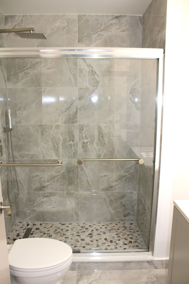 full bathroom with toilet, a stall shower, and vanity