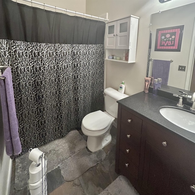 bathroom featuring toilet, vanity, and a shower with curtain