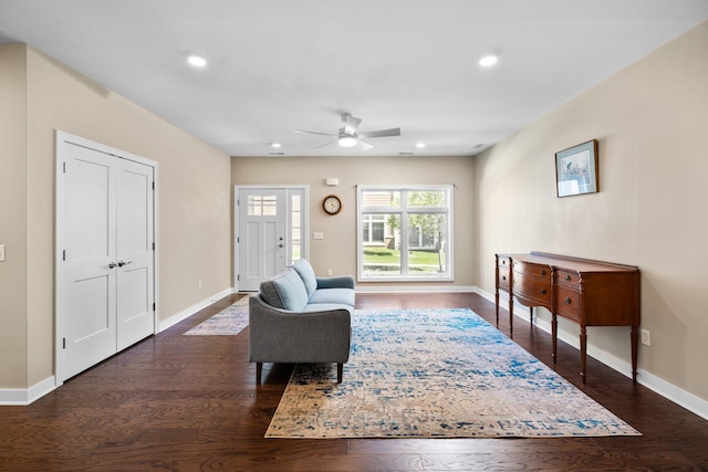 611 Woodland Dr, Dexter, MI 48130 - living room featuring baseboards, ceiling fan, dark wood-type flooring, and recessed lighting