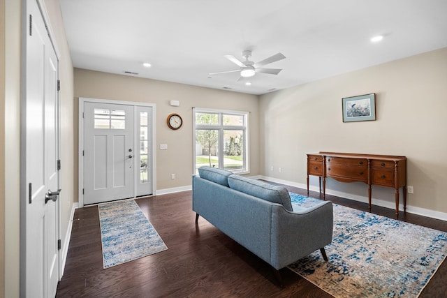 611 Woodland Dr, Dexter, MI 48130 - living area featuring ceiling fan, baseboards, dark wood-type flooring, and recessed lighting
