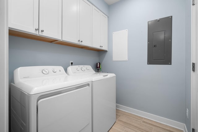 611 Woodland Dr, Dexter, MI 48130 - washroom with electric panel, cabinet space, baseboards, washer and clothes dryer, and light wood-style floors