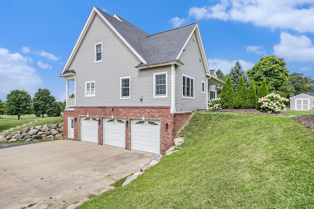7812 Fountain Hills Ln, Davisburg, MI 48350 - view of side of property with a garage, concrete driveway, brick siding, a shingled roof, and a lawn
