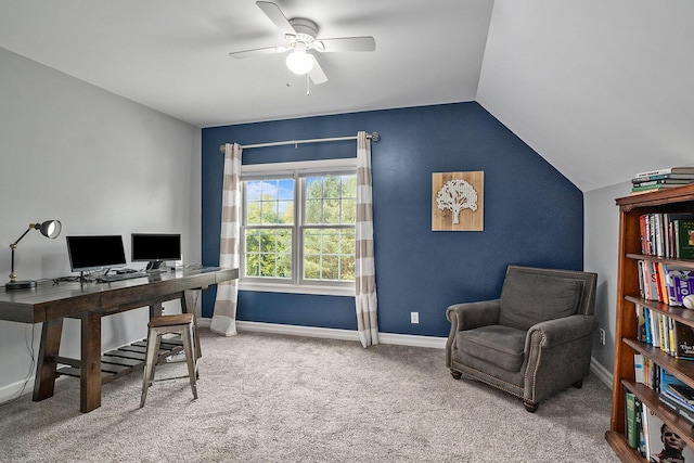7812 Fountain Hills Ln, Davisburg, MI 48350 - carpeted office space featuring ceiling fan, vaulted ceiling, and baseboards