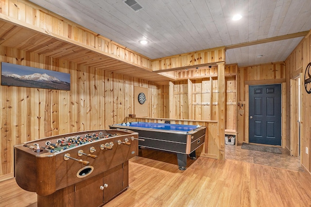 7812 Fountain Hills Ln, Davisburg, MI 48350 - playroom with wooden walls, light wood-type flooring, wood ceiling, and billiards table