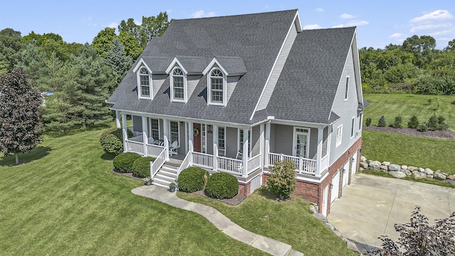 7812 Fountain Hills Ln, Davisburg, MI 48350 - new england style home with a porch, a front lawn, concrete driveway, and a shingled roof
