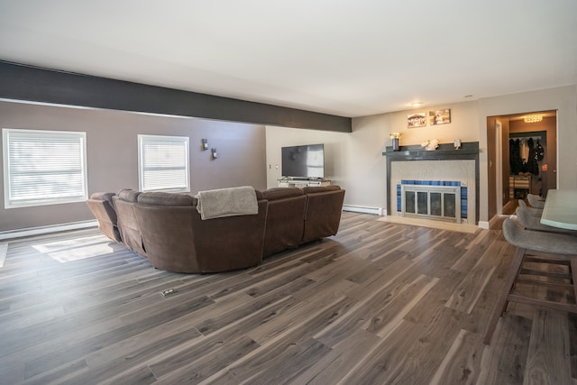 472 Central St, Marysville, MI 48040 - living area with wood finished floors, a baseboard radiator, a fireplace with flush hearth, baseboard heating, and baseboards