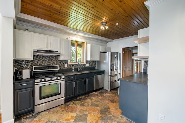 kitchen featuring stainless steel appliances, a sink, under cabinet range hood, dark countertops, and wooden ceiling