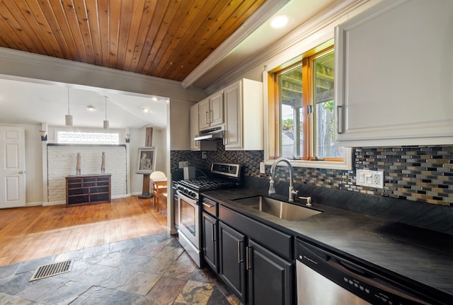 kitchen with stainless steel appliances, a sink, ornamental molding, under cabinet range hood, and dark countertops