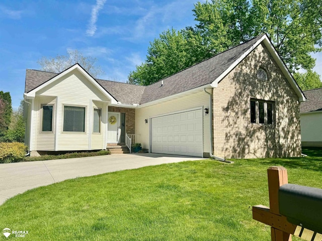 ranch-style home with an attached garage, concrete driveway, brick siding, and a front lawn