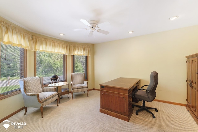 home office with baseboards, light carpet, a ceiling fan, and recessed lighting