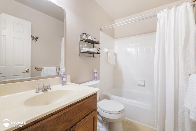 bathroom with toilet, vanity, and shower / bathtub combination with curtain