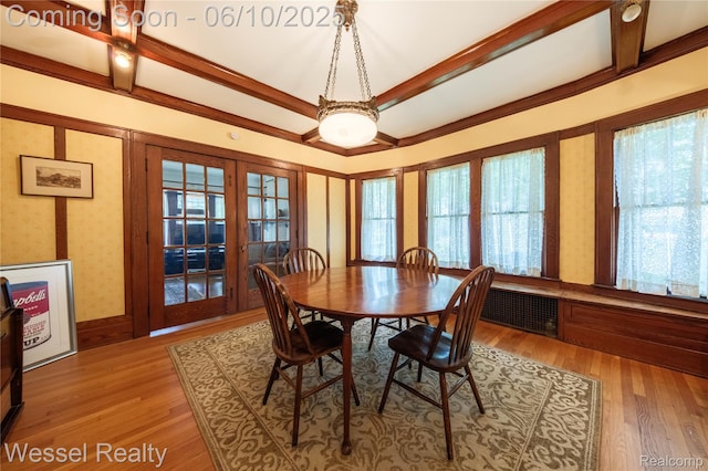 337 Chandler St, Romeo, MI 48065 - dining area featuring french doors, wood finished floors, coffered ceiling, and beam ceiling