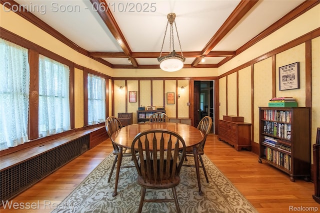 337 Chandler St, Romeo, MI 48065 - dining space featuring radiator heating unit, light wood-style floors, coffered ceiling, and beamed ceiling