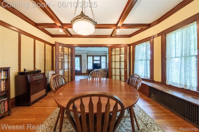 337 Chandler St, Romeo, MI 48065 - dining area with french doors, light wood-style floors, coffered ceiling, and beamed ceiling